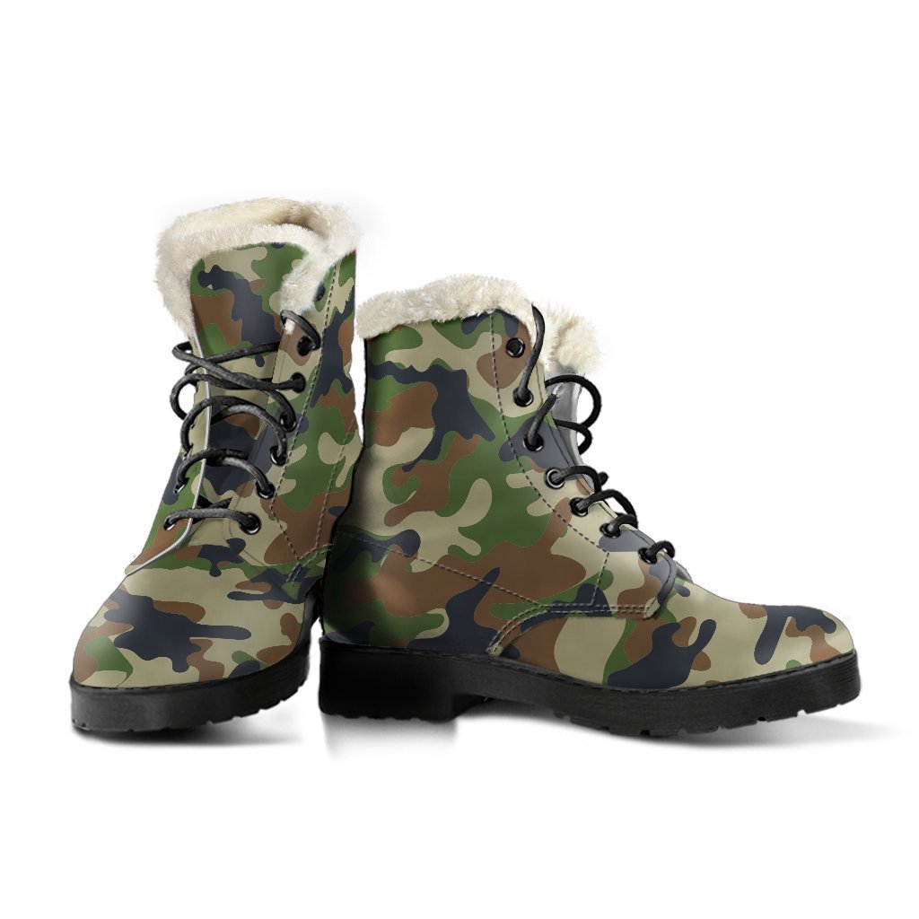 Step Out in Style: Military Green Camouflage Faux Fur Leather Boots for the Modern Hippie - 3