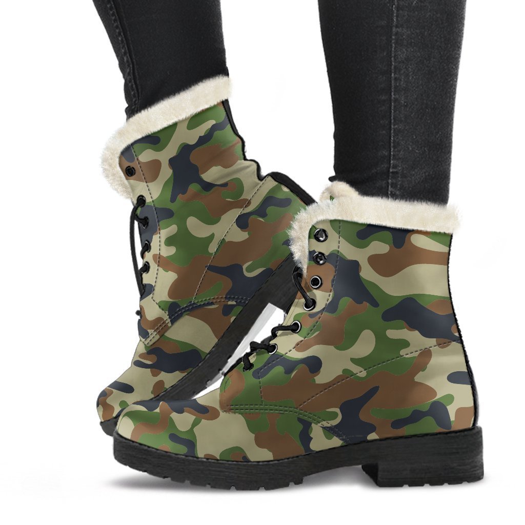 Step Out in Style: Military Green Camouflage Faux Fur Leather Boots for the Modern Hippie - 1