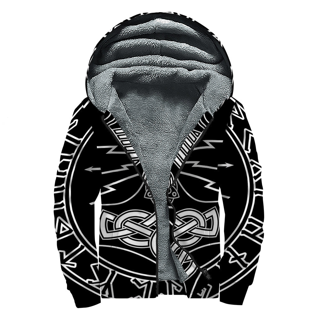 Mjolnir and Younger Futhark Print Sherpa Lined Zip Up Hoodie: Embracing the Hippie Style - 1