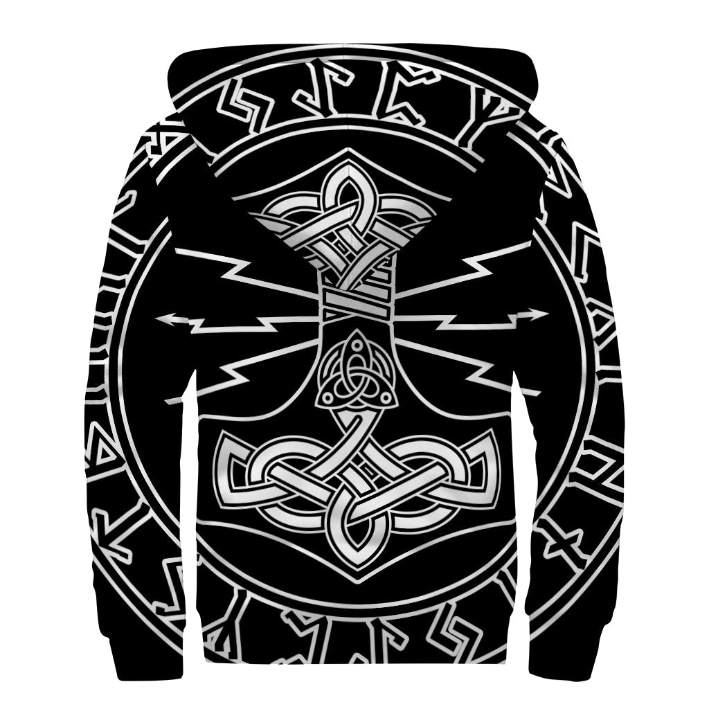 Mjolnir and Younger Futhark Print Sherpa Lined Zip Up Hoodie: Embracing the Hippie Style - 2