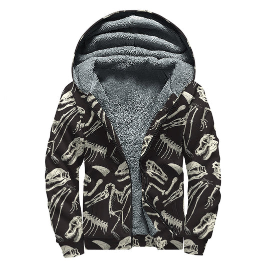 Earthly Delight: Monochrome Dinosaur Fossil Sherpa Hoodie for the Modern Hippie - 1