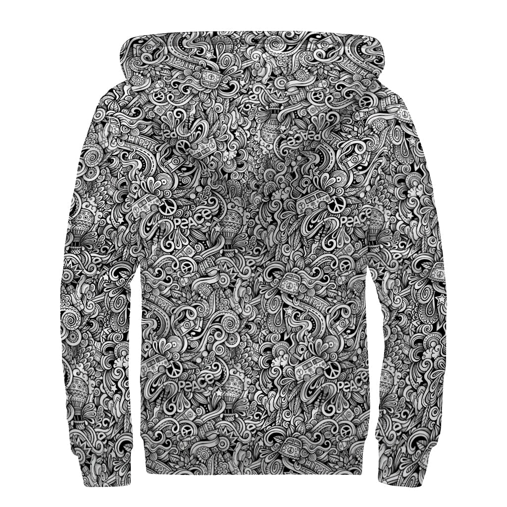 Groovy Monochrome Graffiti Sherpa Lined Zip Up Hoodie for Free-Spirited Hippies - 2