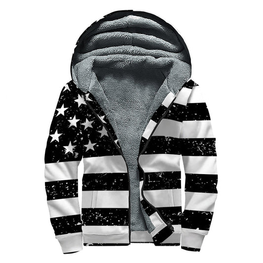 Vintage American Flag Print Sherpa Lined Zip Up Hoodie for Boho Souls - 1