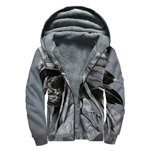 Monochrome Native Indian Portrait Sherpa Lined Hoodie - 1