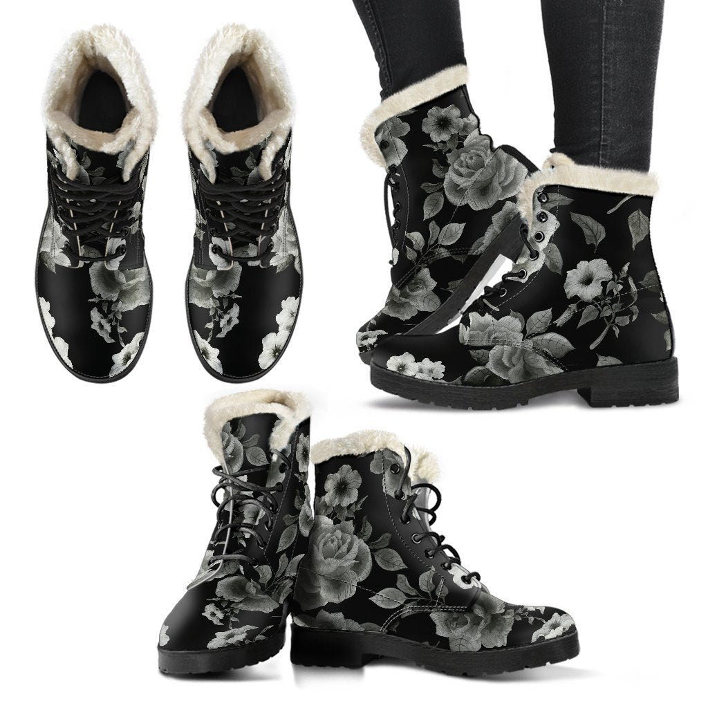 Groovin' in Monochrome Rose Floral Faux Fur Leather Boots - 2