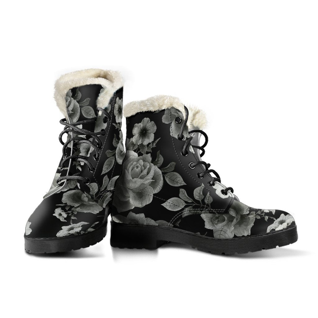 Groovin' in Monochrome Rose Floral Faux Fur Leather Boots - 3