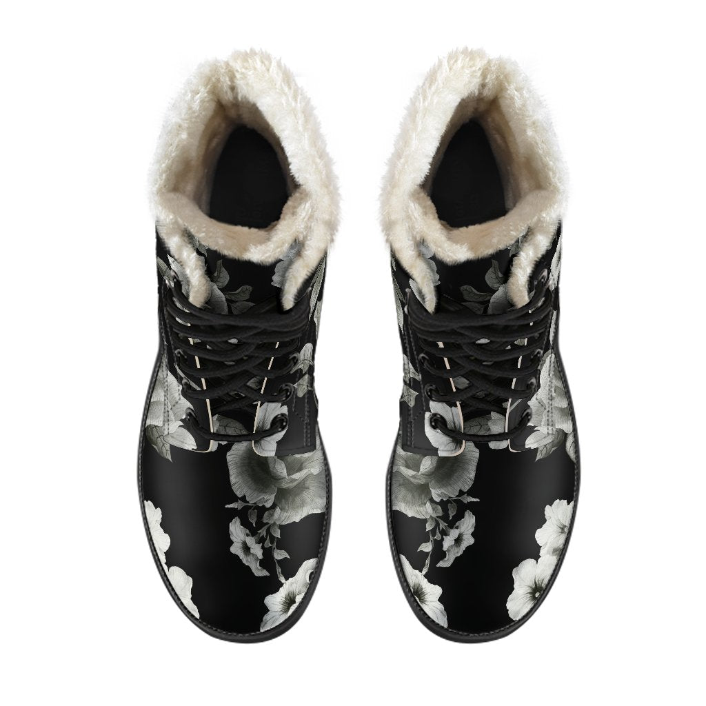 Groovin' in Monochrome Rose Floral Faux Fur Leather Boots - 4