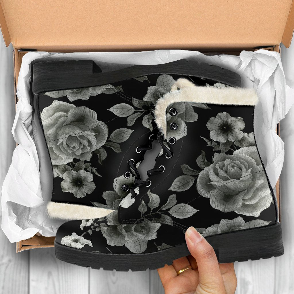 Groovin' in Monochrome Rose Floral Faux Fur Leather Boots - 5