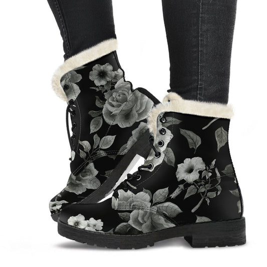 Groovin' in Monochrome Rose Floral Faux Fur Leather Boots - 1