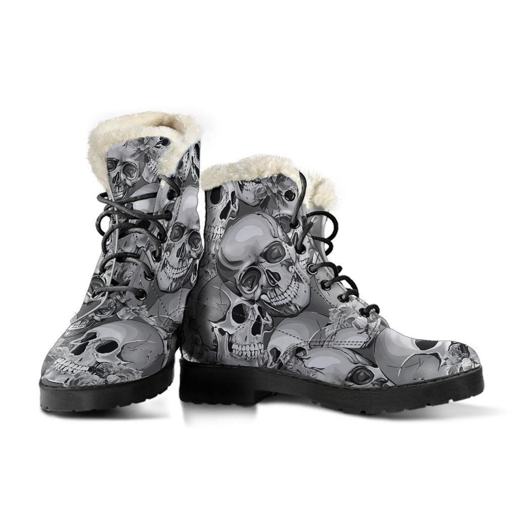 Monochrome Skull Flowers Pattern Faux Fur Leather Boots for Stylish Hippies - 3