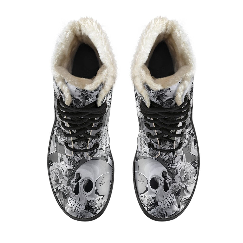 Monochrome Skull Flowers Pattern Faux Fur Leather Boots for Stylish Hippies - 4