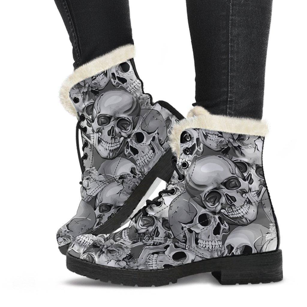 Monochrome Skull Flowers Pattern Faux Fur Leather Boots for Stylish Hippies - 1