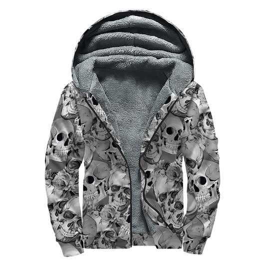 Monochrome Skull & Flowers Sherpa Lined Zip Up: Embrace Hippie Chic - 1