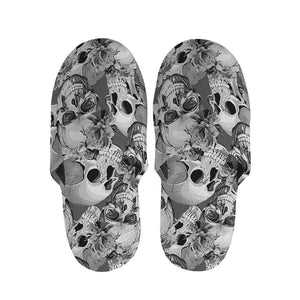 Emerald Blossoms - Monochrome Skull Flowers Pattern Print Slippers For Hippie