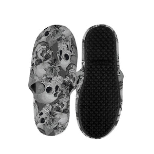 Emerald Blossoms - Monochrome Skull Flowers Pattern Print Slippers For Hippie