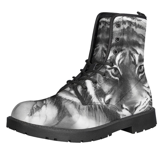 Groovy Vibes: Monochrome Watercolor White Tiger Print Leather Boots for Hippies - 1