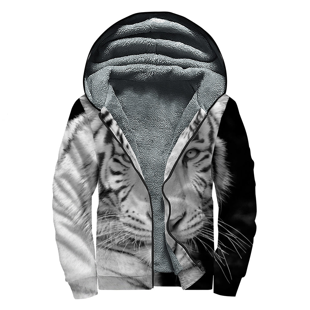 Monochrome White Bengal Tiger Print Sherpa-Lined Zip Up Hoodie for Free-Spirited Hippies - 1