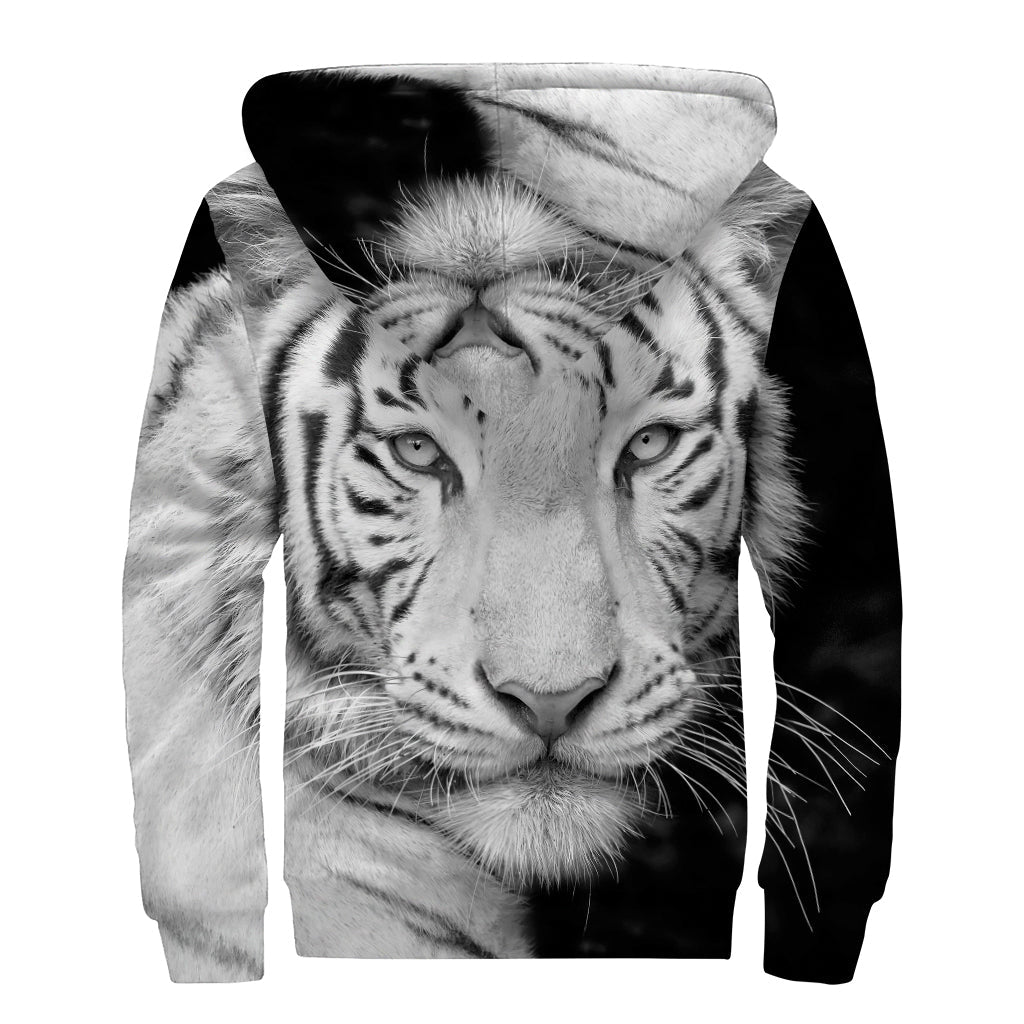 Monochrome White Bengal Tiger Print Sherpa-Lined Zip Up Hoodie for Free-Spirited Hippies - 2