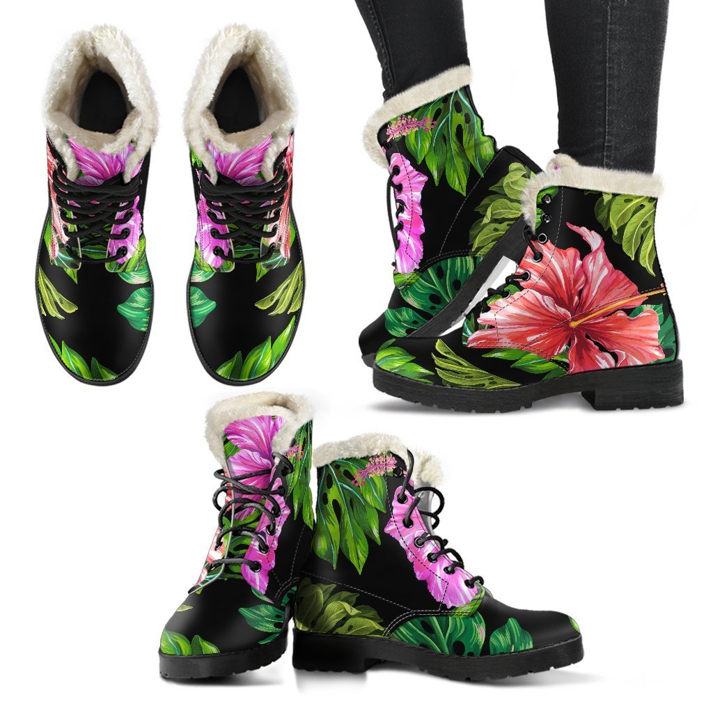 Monstera Hibiscus Hawaii Faux Fur Leather Boots: Embrace Your Inner Hippie Style - 2