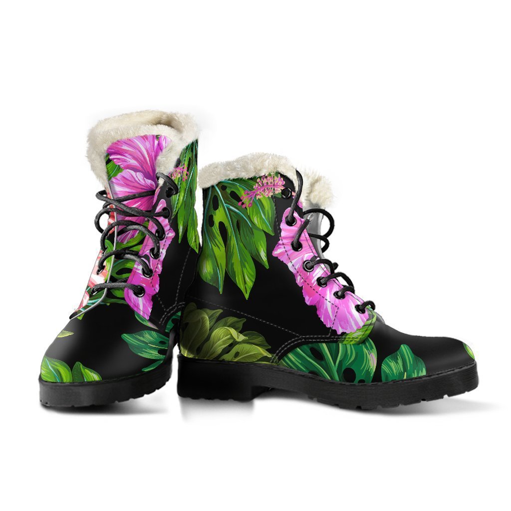 Monstera Hibiscus Hawaii Faux Fur Leather Boots: Embrace Your Inner Hippie Style - 3