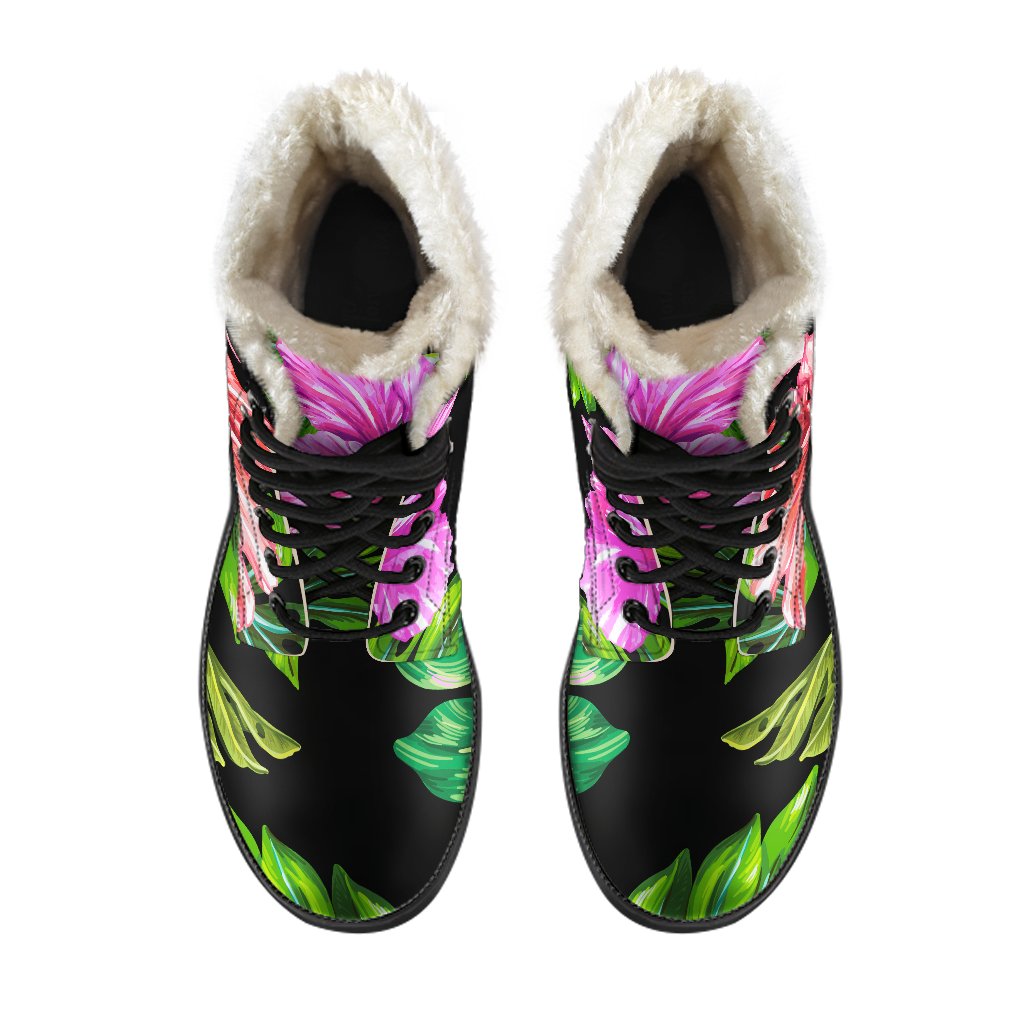 Monstera Hibiscus Hawaii Faux Fur Leather Boots: Embrace Your Inner Hippie Style - 4