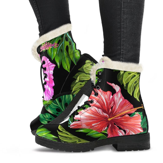 Monstera Hibiscus Hawaii Faux Fur Leather Boots: Embrace Your Inner Hippie Style - 1