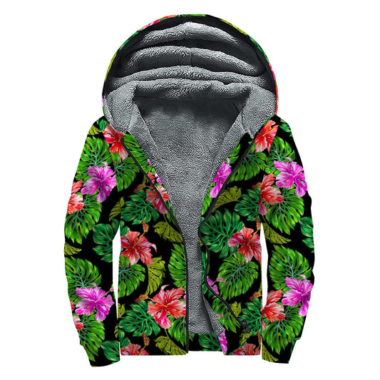 Monstera Hibiscus Hawaii Pattern Sherpa Lined Zip Up Hoodie: Embrace Your Inner Hippie Style - 1