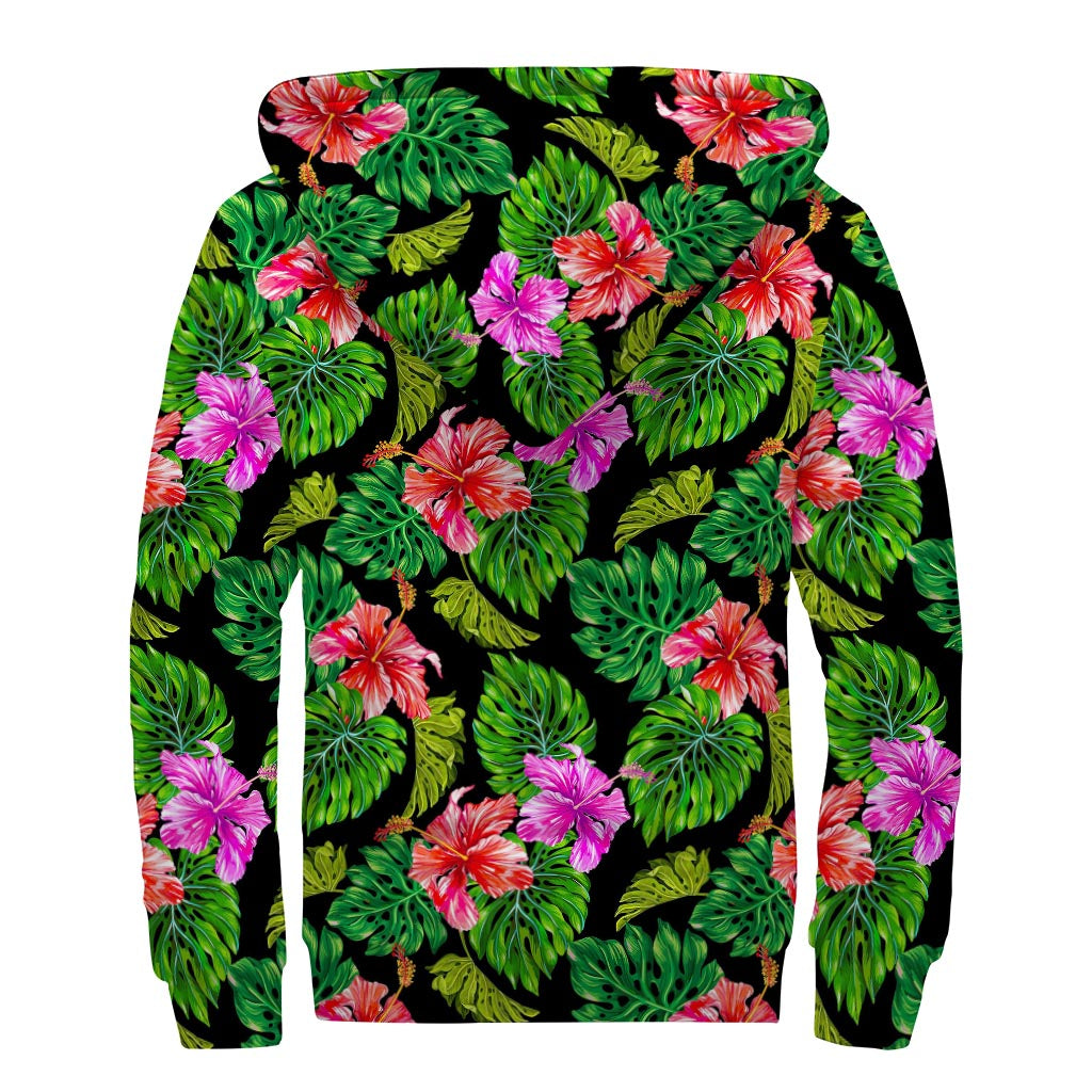 Monstera Hibiscus Hawaii Pattern Sherpa Lined Zip Up Hoodie: Embrace Your Inner Hippie Style - 2