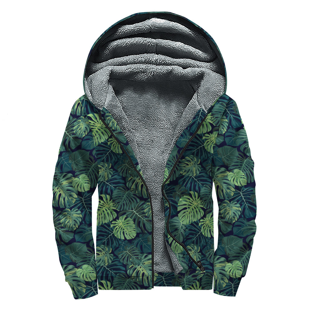 Monstera Palm Leaves Pattern Print Sherpa Lined Zip Up Hoodie: Embrace Your Inner Hippie Style! - 1