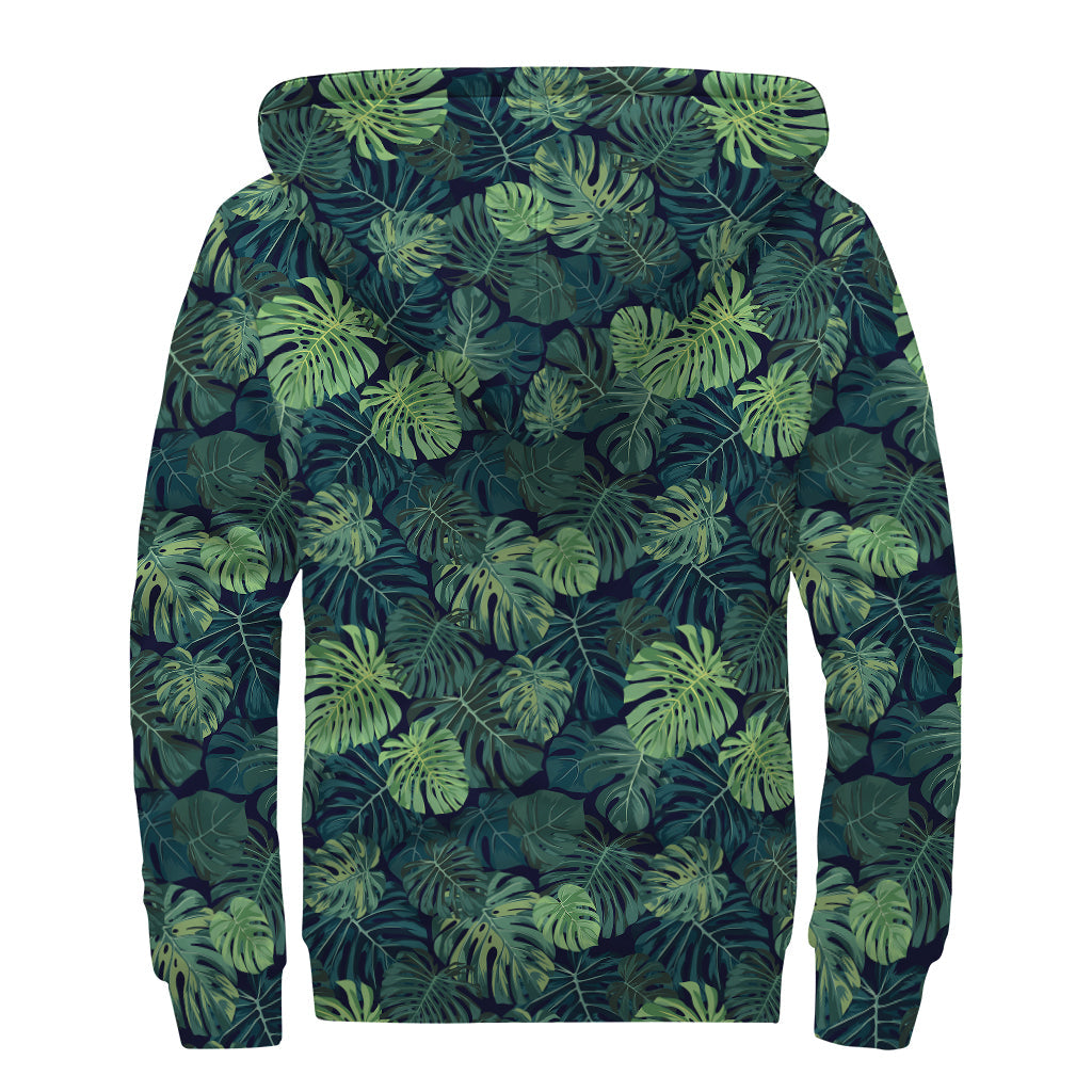 Monstera Palm Leaves Pattern Print Sherpa Lined Zip Up Hoodie: Embrace Your Inner Hippie Style! - 2