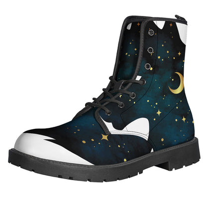 Boho Chic: Moon and Stars Wolf Spirit Print Leather Lightweight Boots - 1