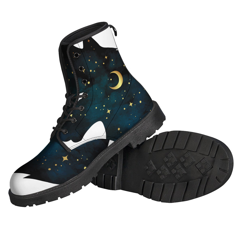 Boho Chic: Moon and Stars Wolf Spirit Print Leather Lightweight Boots - 2