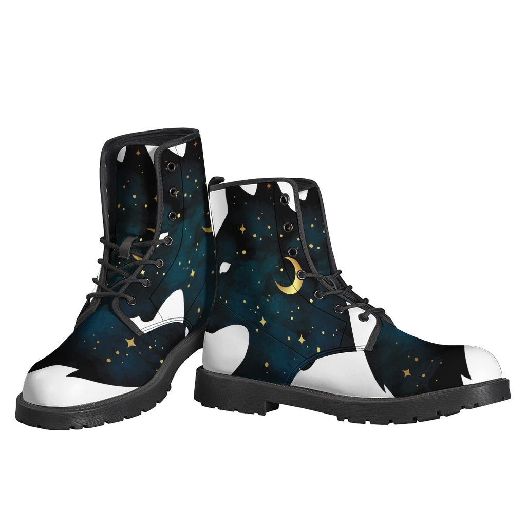 Boho Chic: Moon and Stars Wolf Spirit Print Leather Lightweight Boots - 3