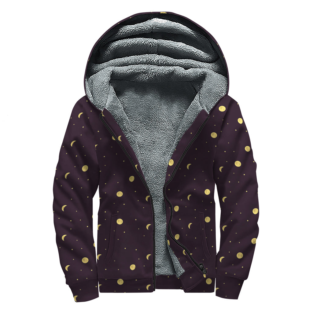 Moon Phase and Stars Pattern Sherpa Lined Zip Up Hoodie for Stylish Hippies - 1