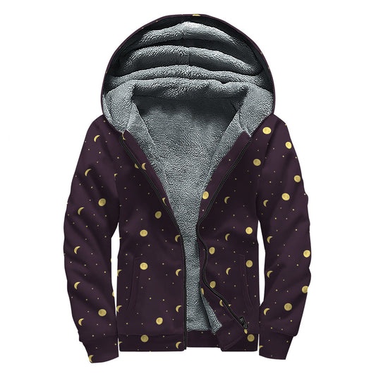 Moon Phase and Stars Pattern Sherpa Lined Zip Up Hoodie for Stylish Hippies - 1