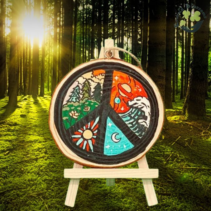 Emerald Blossoms - Peace sign and Four seasons combined flowers, trees; waves; sun and moon painted on a wood slice