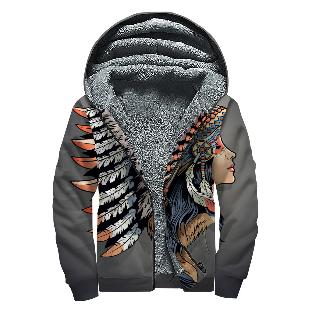 Native American Indian Girl Print Hippie Sherpa Lined Zip Up Hoodie - 1