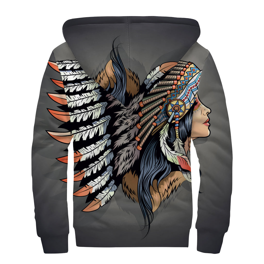 Native American Indian Girl Print Hippie Sherpa Lined Zip Up Hoodie - 2