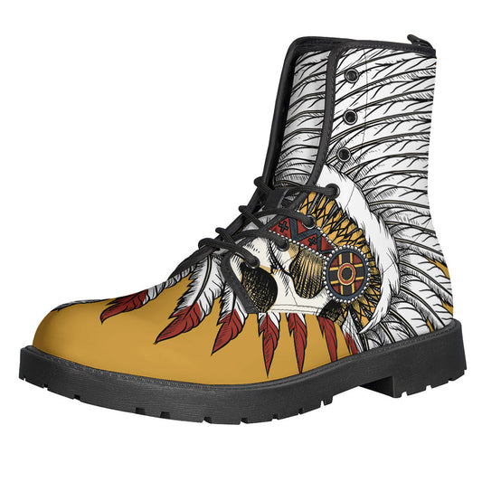 Boho Chic: Native American Skull Print Leather Boots - 1