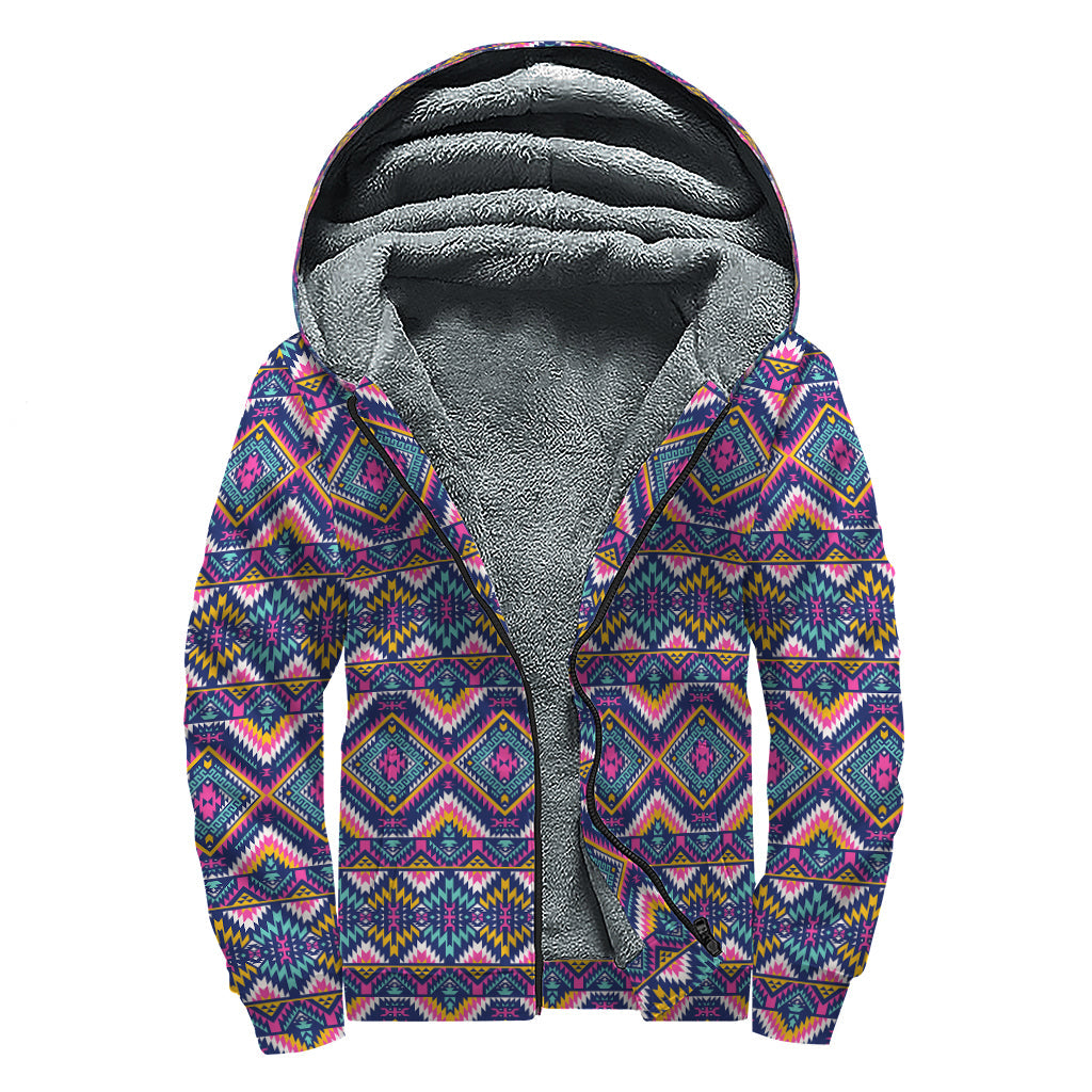 Boho Bliss: Native American Navajo Tribal Print Sherpa Lined Zip Up Hoodie - 1