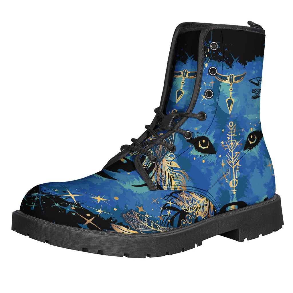 Walk the Path of Peace and Freedom with Native American Spiritual Wolf Print Leather Boots - 1