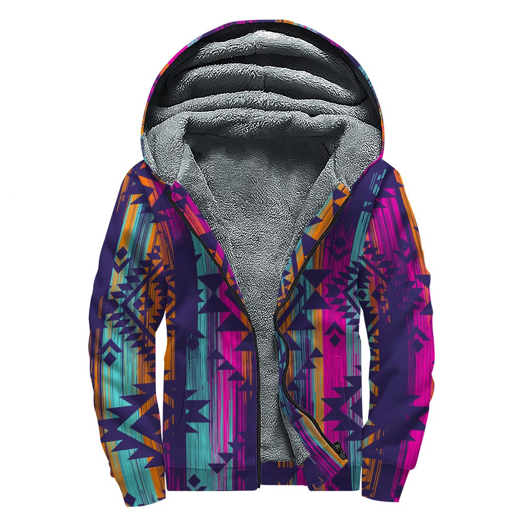 Native Tribal Aztec Pattern Sherpa Lined Zip Up Hoodie for Hippie Style - 1