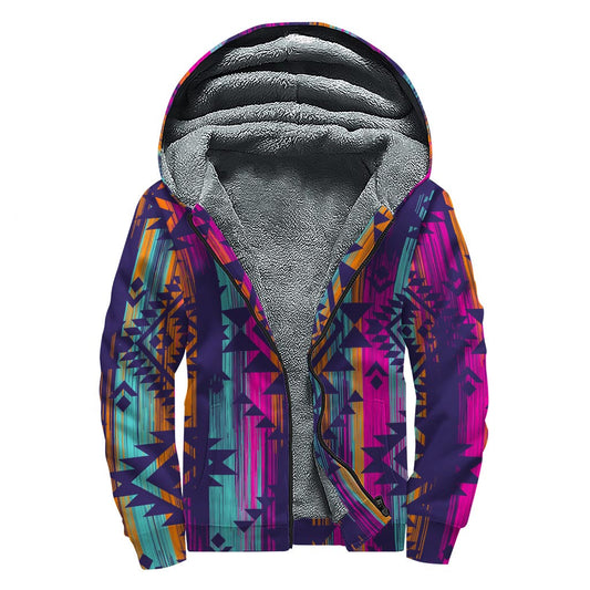 Native Tribal Aztec Pattern Sherpa Lined Zip Up Hoodie for Hippie Style - 1