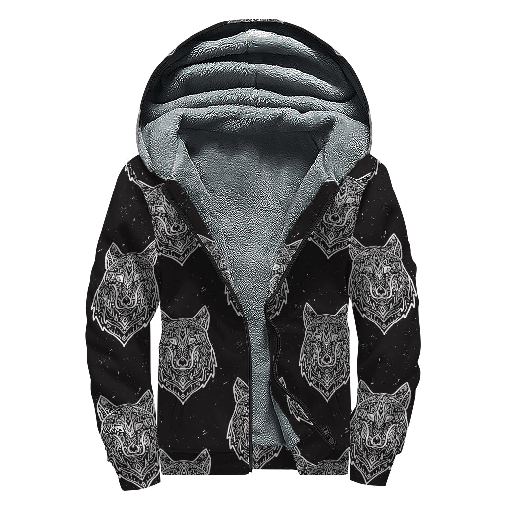 Groovy Native Tribal Wolf Pattern Sherpa Lined Zip Up Hoodie - 1