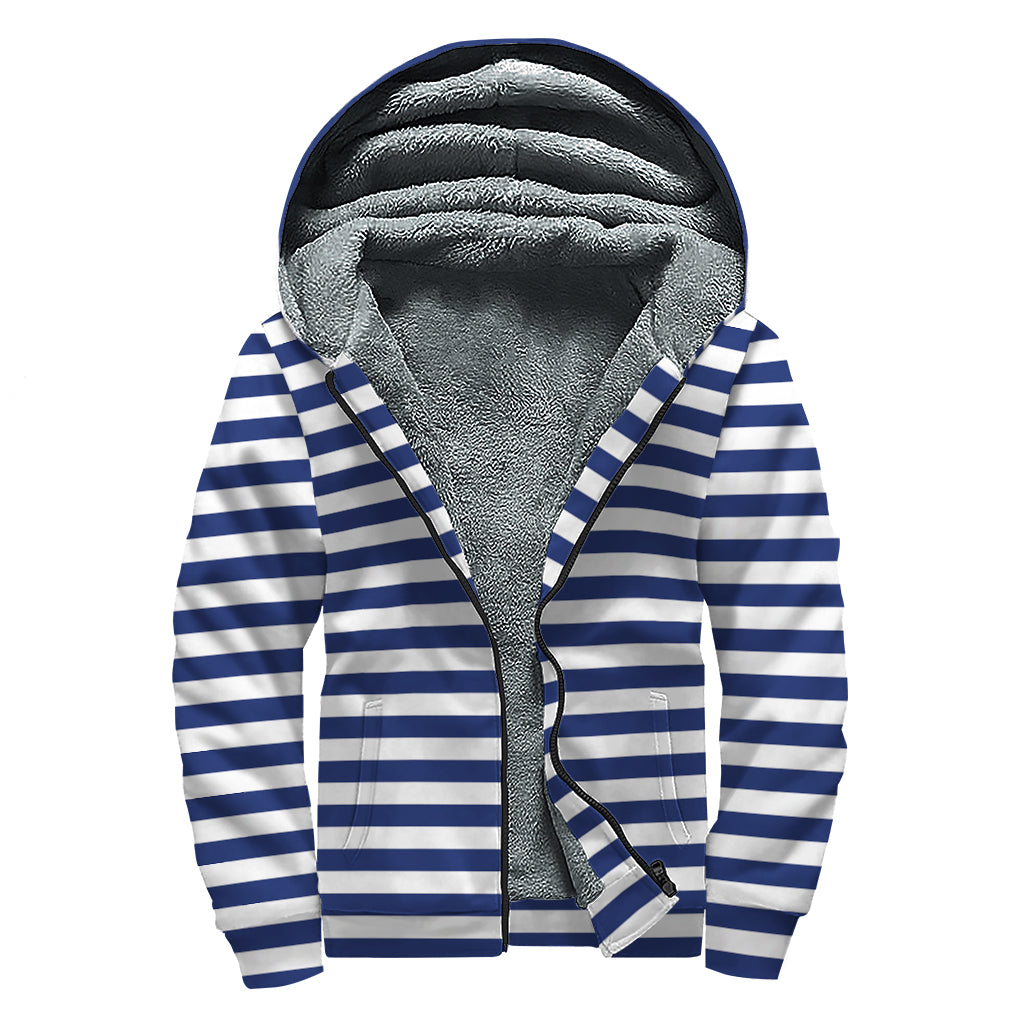 Navy and White Striped Pattern Print Sherpa Lined Zip Up Hoodie - 1