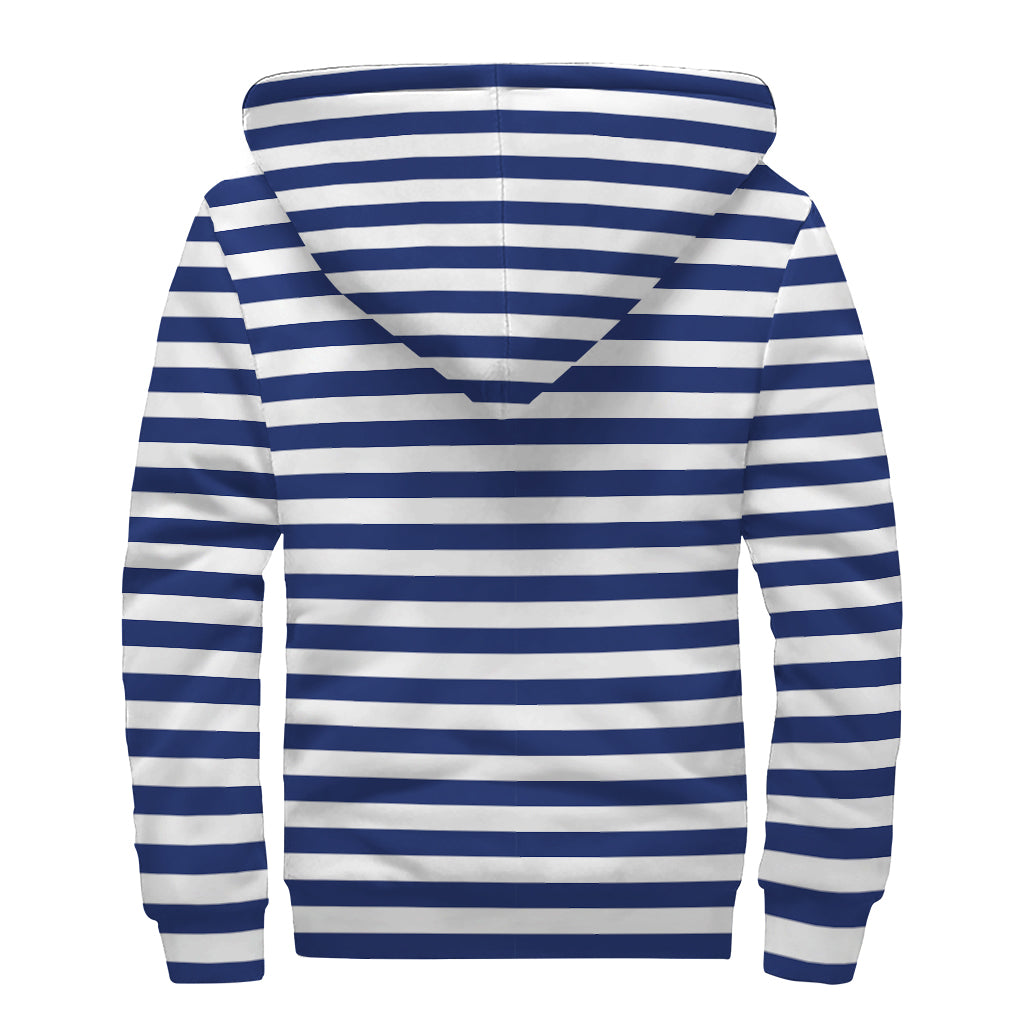 Navy and White Striped Pattern Print Sherpa Lined Zip Up Hoodie - 2