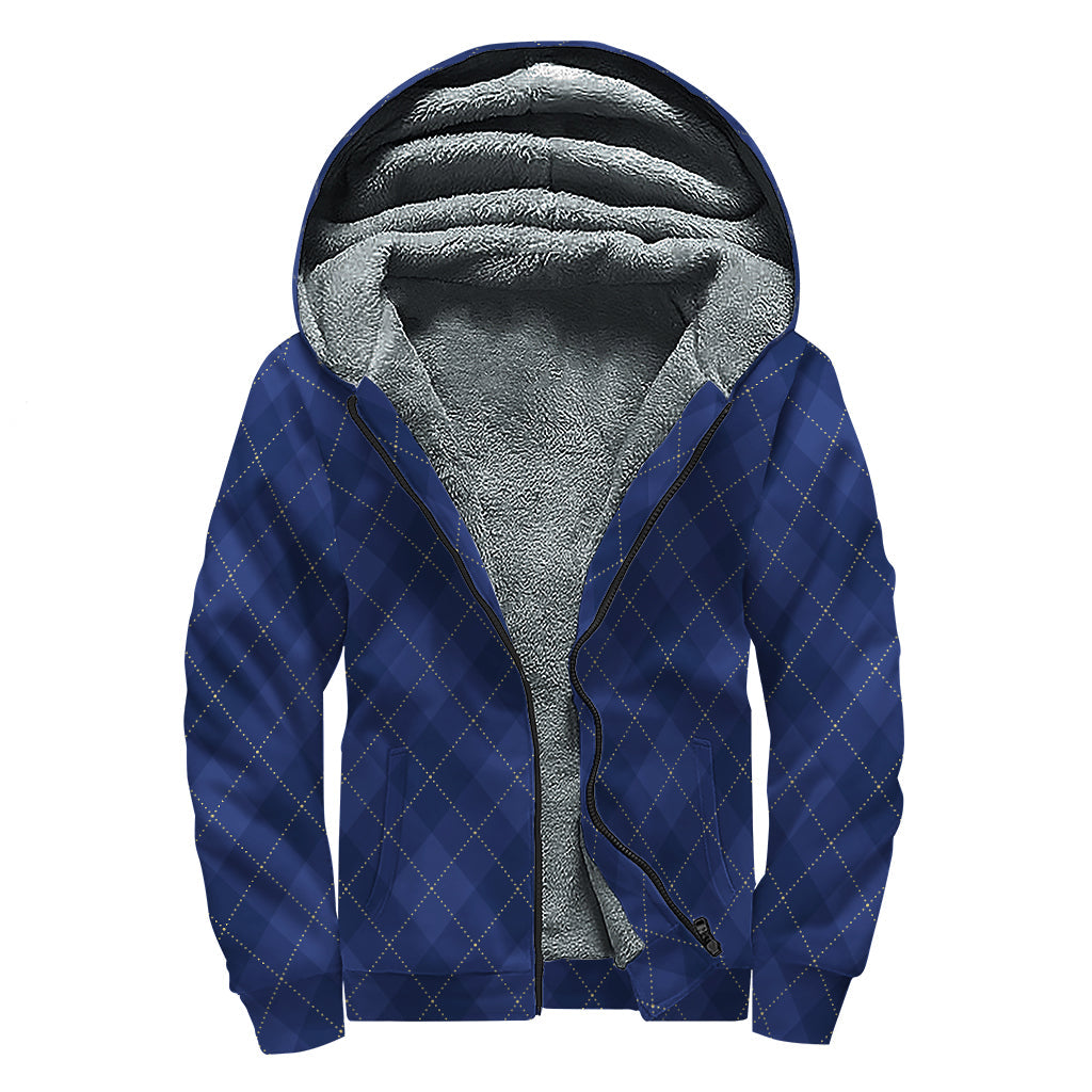 Navy Blue Argyle Pattern Print Sherpa Lined Zip Up Hoodie for the Groovy Hippie Vibes - 1