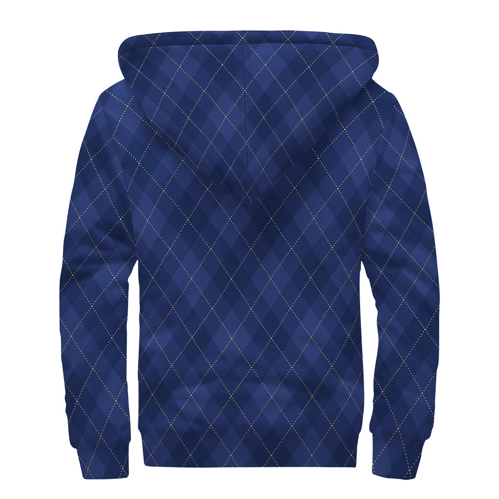 Navy Blue Argyle Pattern Print Sherpa Lined Zip Up Hoodie for the Groovy Hippie Vibes - 2