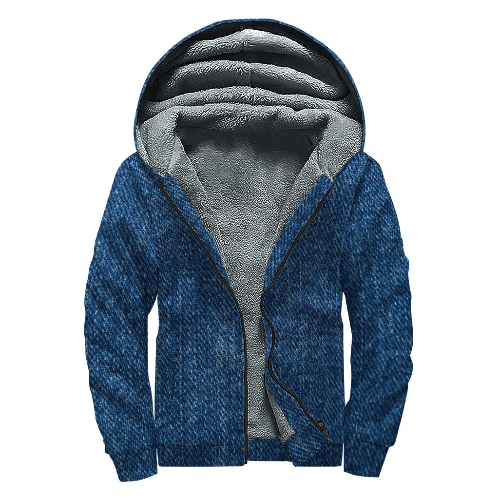 Groovy Threads: Navy Blue Denim Jeans Print Sherpa Lined Zip Up Hoodie - 1