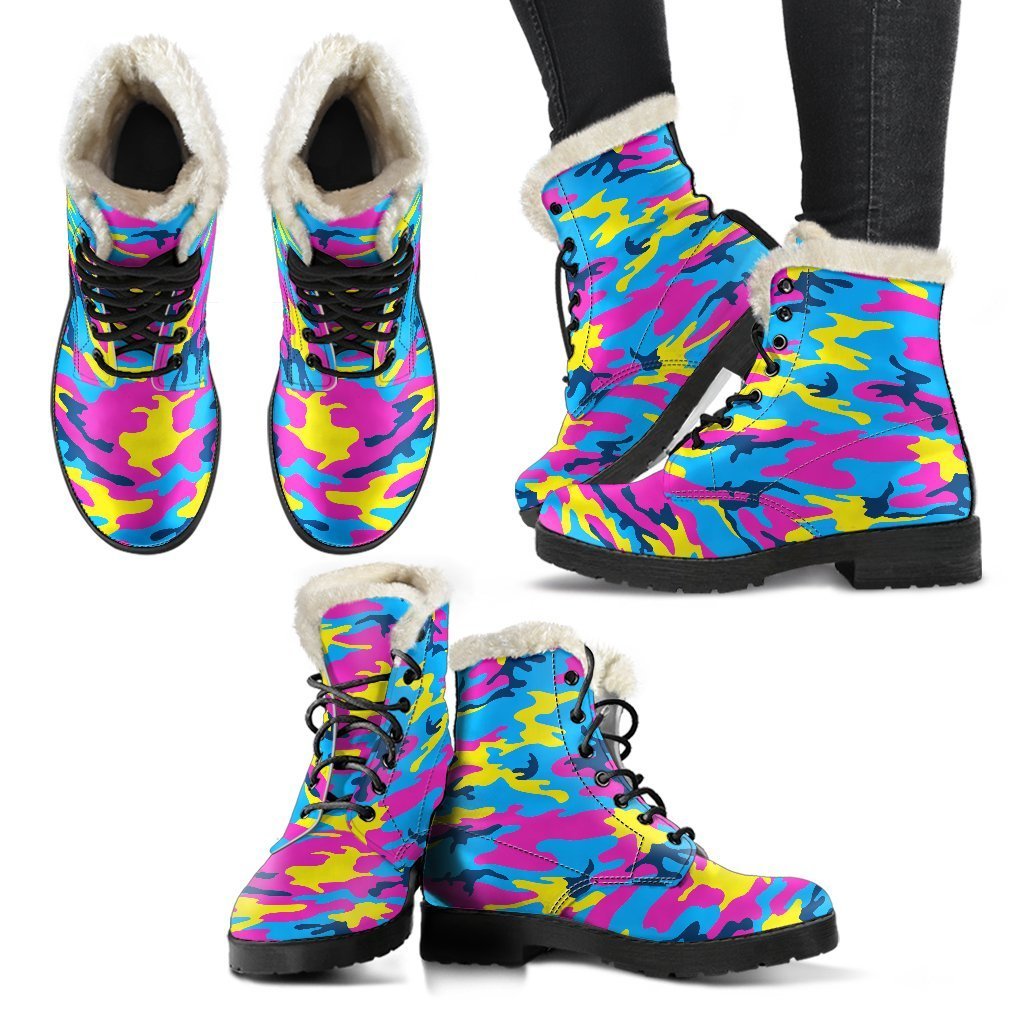 Neon Camouflage Faux Fur Leather Boots: Fashion for the Free-Spirited Hippie - 2